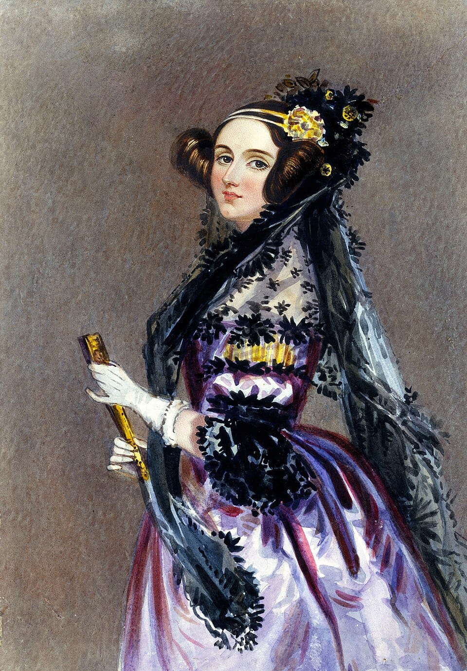 Watercolor portrait of Ada Lovelace in a purple dress with a lace veil