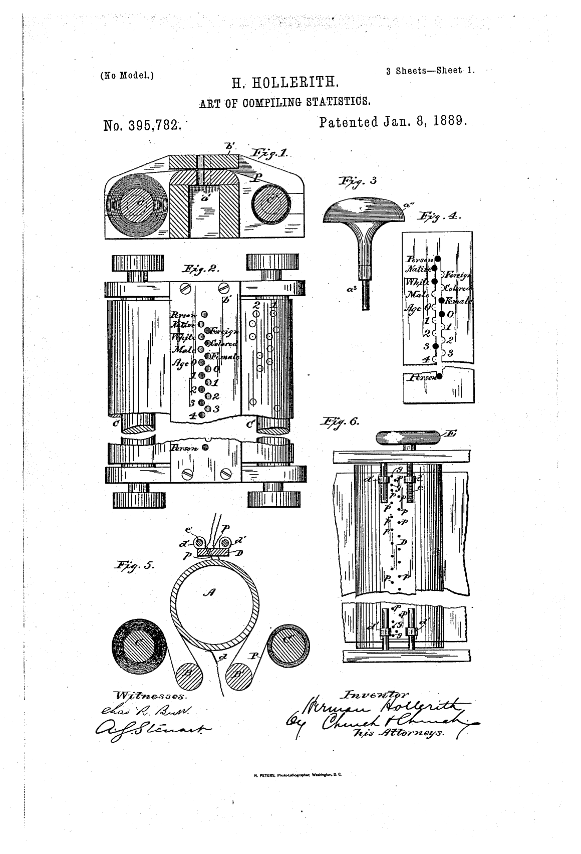Patent drawing sheet showing figures of Hollerith's electric tabulating machine