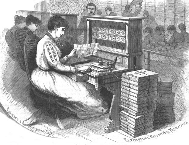 Engraving of Hollerith electric tabulating machines being operated for the 1890 census