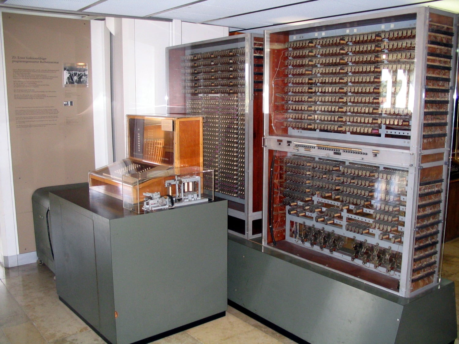 Reconstructed Zuse Z3 computer on display, a large cabinet of relays and switches
