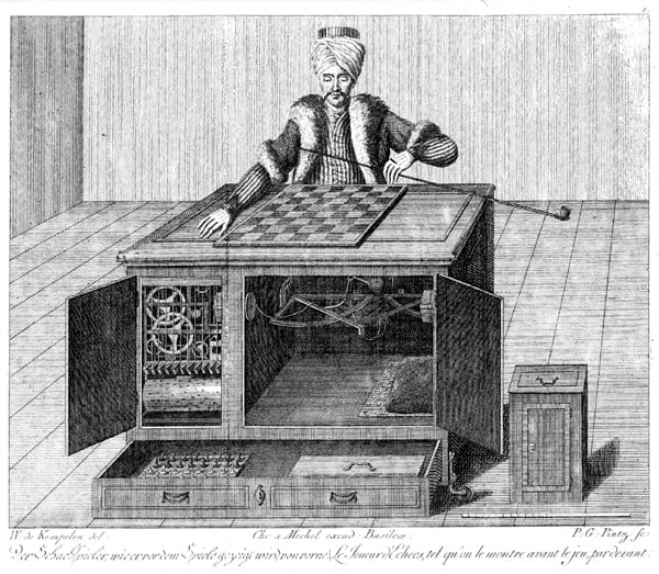 Copper engraving of the Mechanical Turk chess automaton, a robed figure seated at a cabinet with its interior doors open