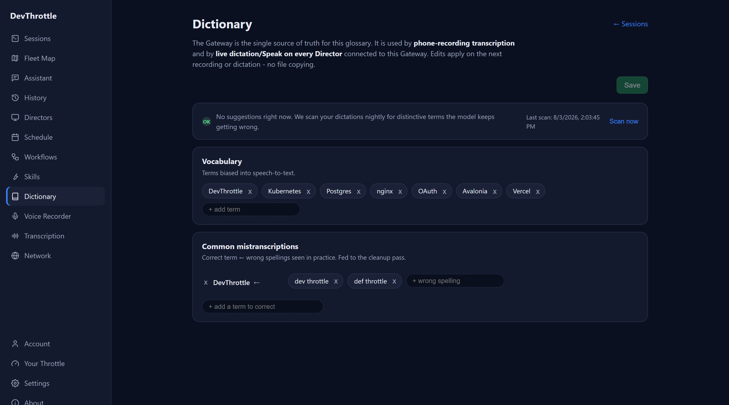 The Cockpit Dictionary page with seven vocabulary chips including DevThrottle and Kubernetes, and a correction row pairing DevThrottle with the wrong spellings dev throttle and def throttle