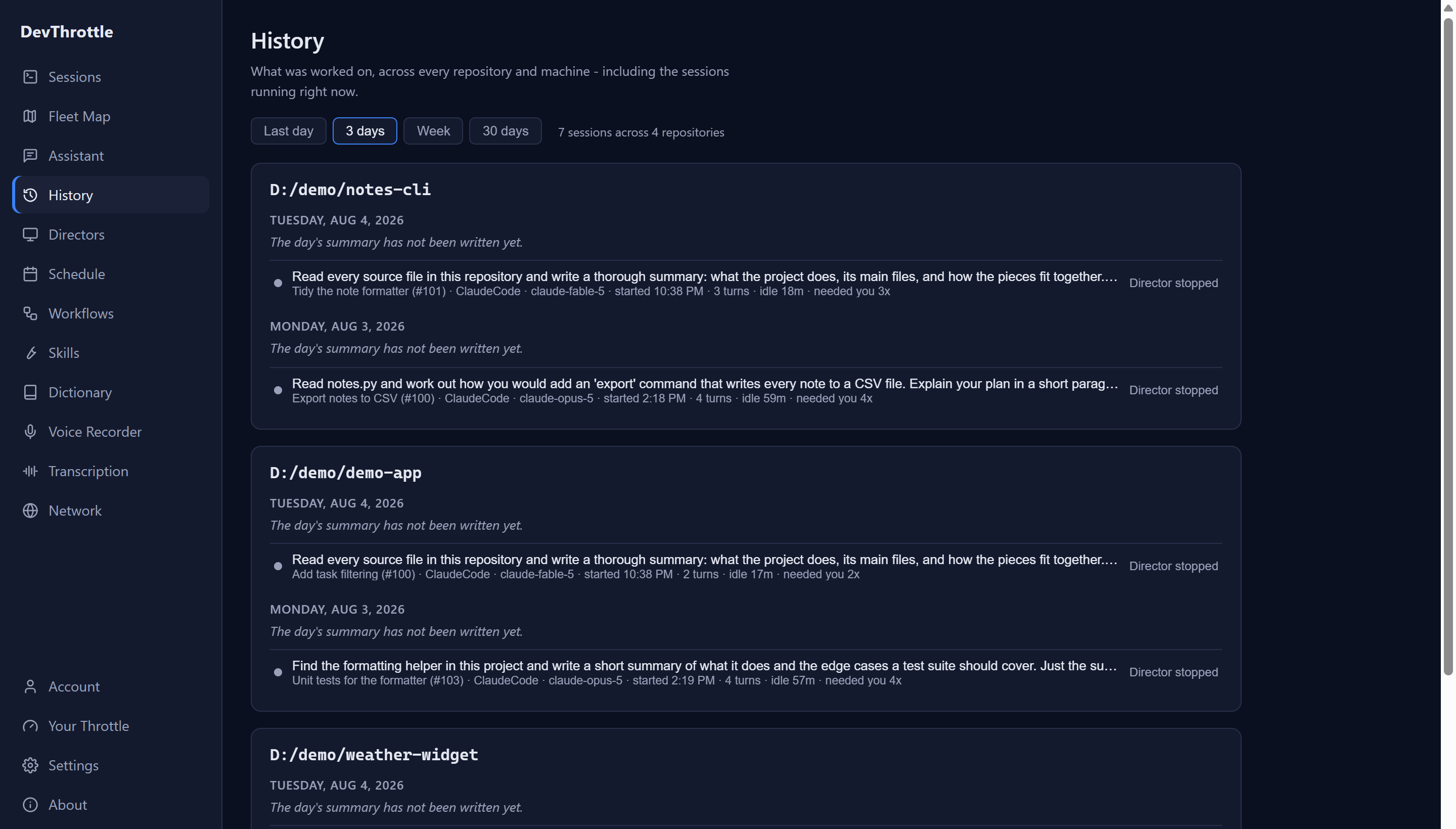 The Cockpit History page over a three day window showing seven sessions across four repositories, grouped by repository and day, each entry listing the instruction given, the session name and number, the coding agent and model, when it started, how many turns it took and how often it needed a human