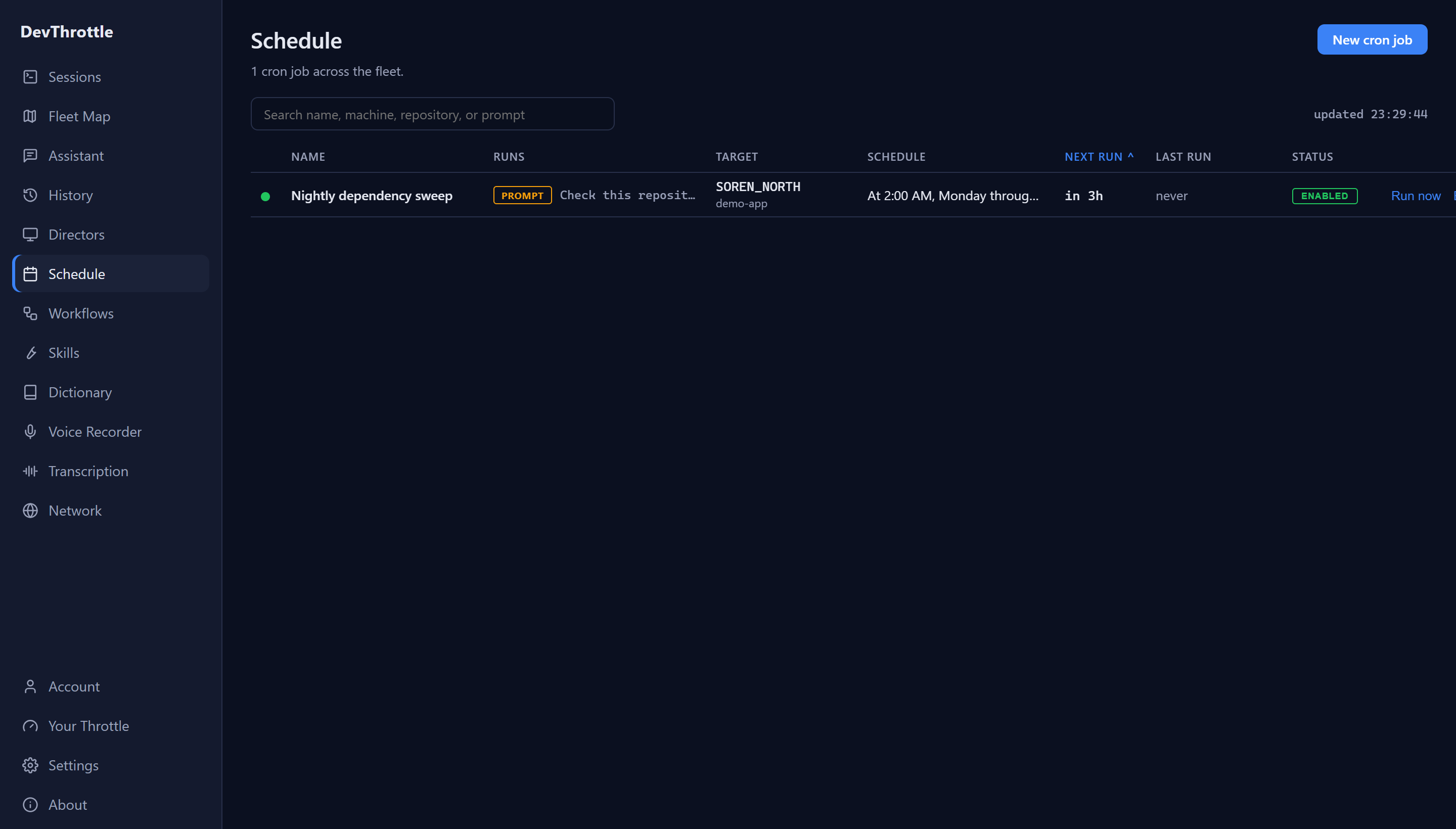 The Cockpit Schedule page listing one job called Nightly dependency sweep, targeting the machine SOREN_NORTH and the demo-app repository, scheduled at 2:00 AM Monday through Friday, next run in 3 hours, status enabled, with a Run now action