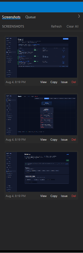 The Director's right-hand panel on its Screenshots tab: a SCREENSHOTS header with Refresh and Clear All, and three recent images as thumbnails, each with the time it was written and View, Copy, Issue and Del