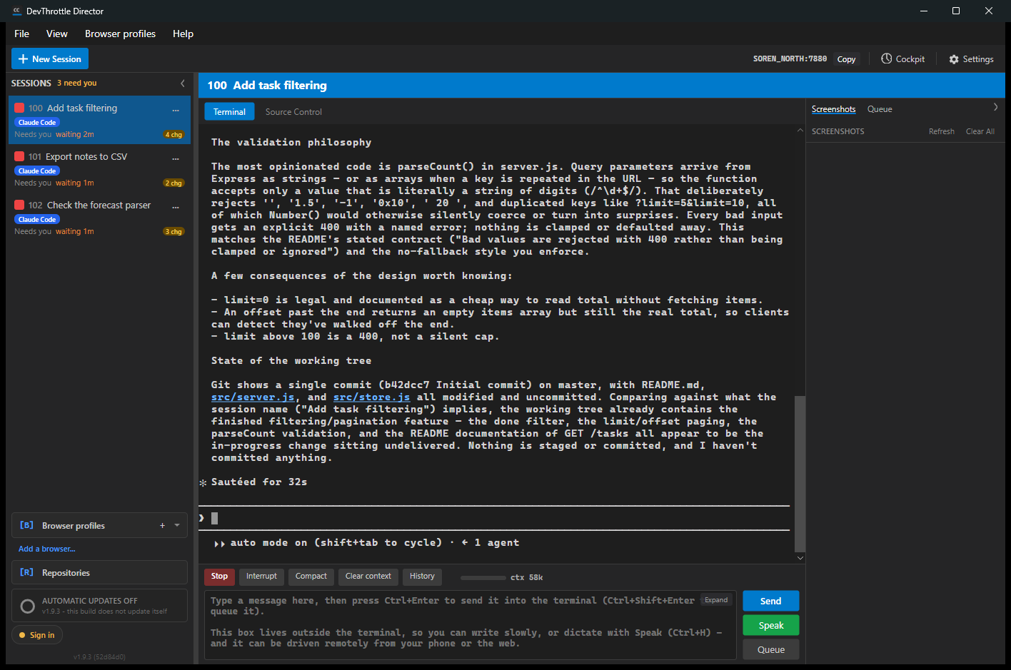 The DevThrottle Director window: a session list on the left showing three sessions that need you, each with a red square, a waiting time and a yellow changes badge, the selected session's terminal filling the centre with the agent's output, and the action bar with Stop, Interrupt, Compact, Clear context and History above the prompt box with Send, Speak and Queue