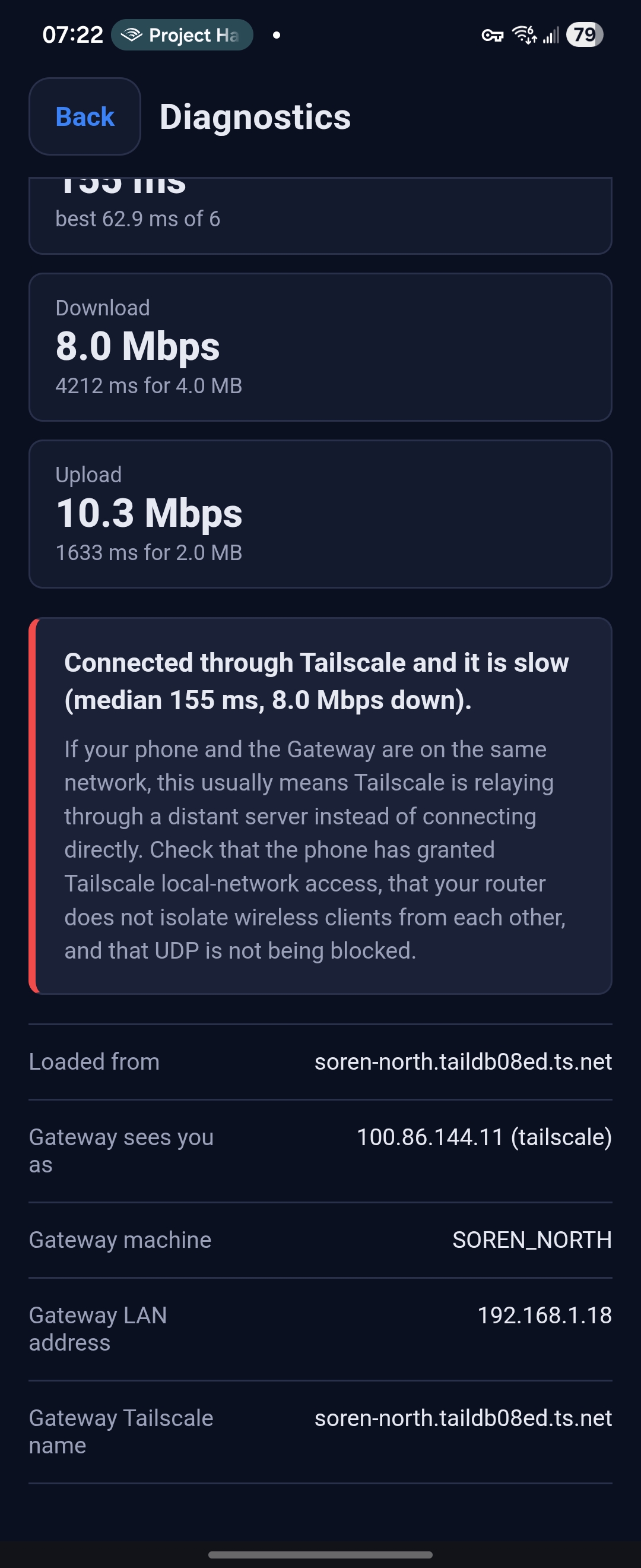 The mobile Diagnostics page showing a cold-start relay result: 155 ms latency, 8.0 Mbps download, and a red verdict saying the connection is going through Tailscale and is slow