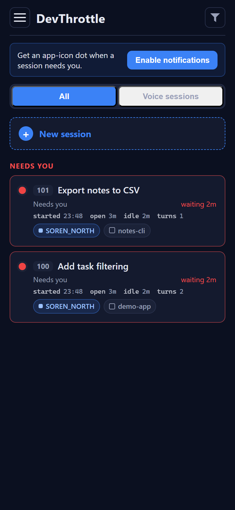The DevThrottle phone roster with a red Needs you section listing two waiting sessions - Export notes to CSV in the notes-cli repository and Add task filtering in demo-app - each showing how long it has been waiting, when it started, its idle time and turn count