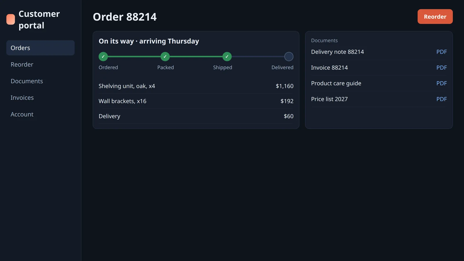 A customer portal - example screen