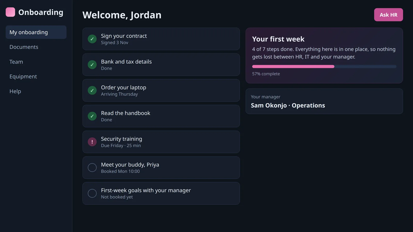 An onboarding portal - example screen