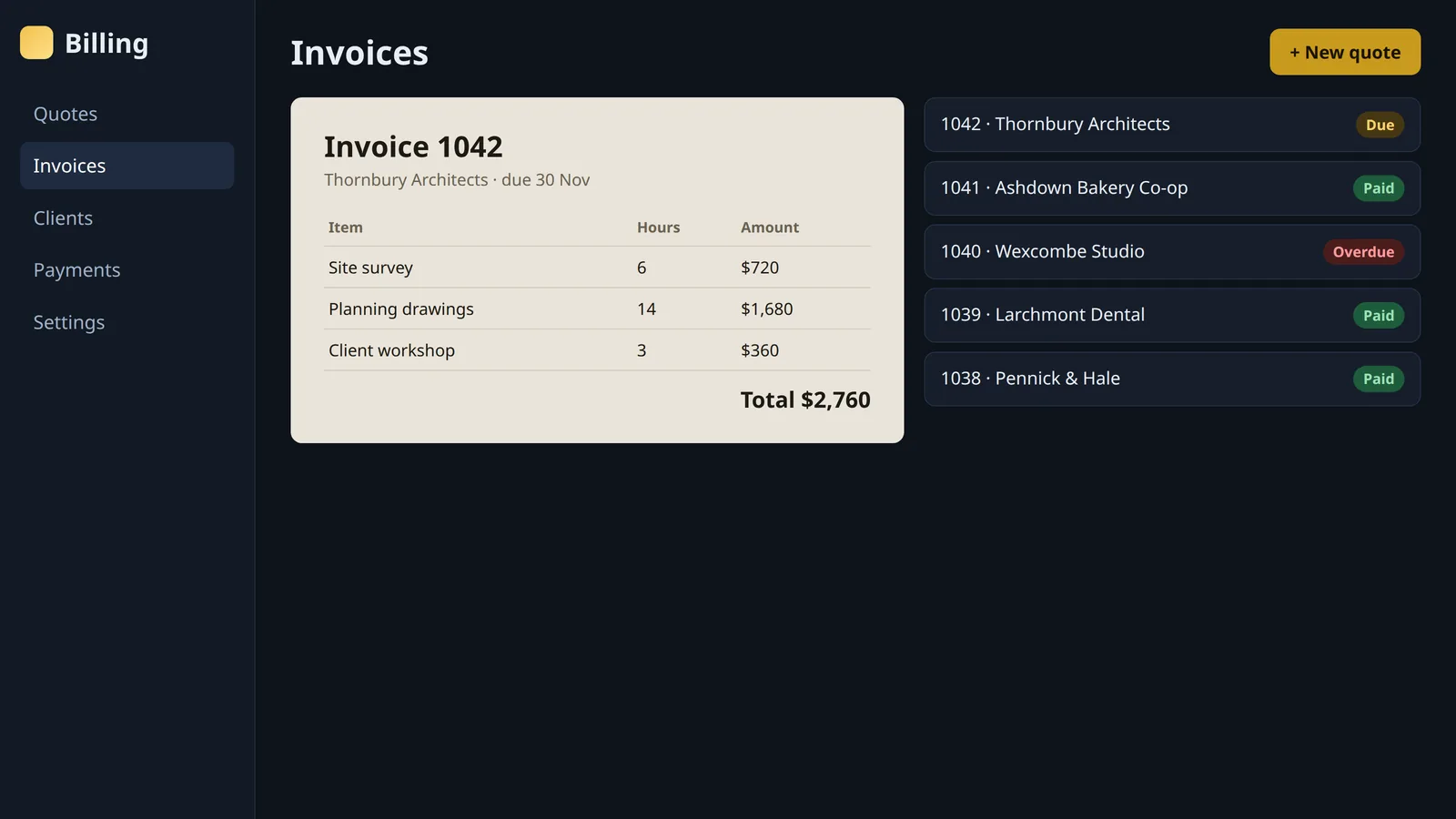 Quotes and invoicing - example screen