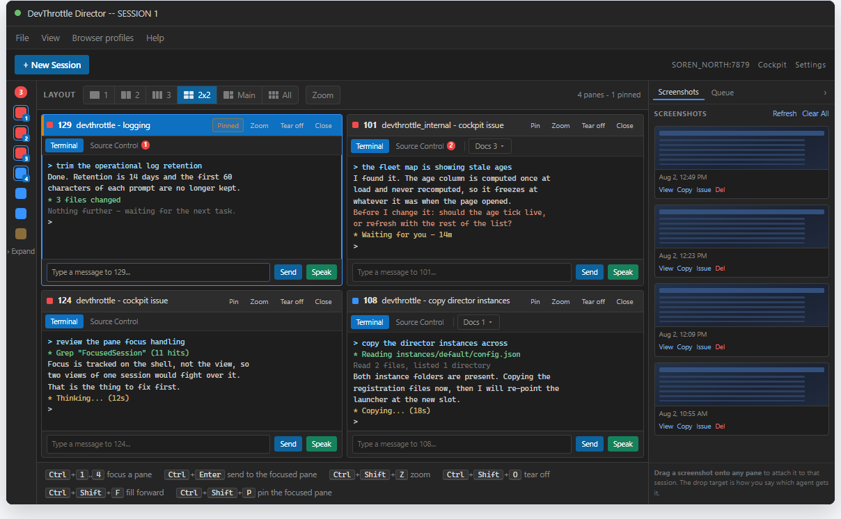 The DevThrottle Director showing four coding agent sessions at once in a two-by-two grid, each with its own transcript and message box, with the session list collapsed to a narrow column of status dots.