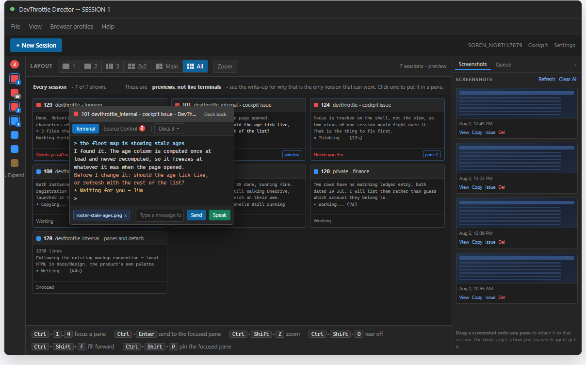 An overview grid in the DevThrottle Director showing every coding agent session as a small preview card with its latest output and status.